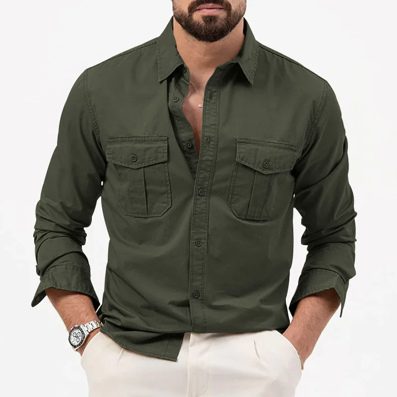 Camisas de carga para exteriores de otoño para hombre, camiseta de manga larga con solapa y bolsillo a la moda, camisas tácticas de color verde militar para hombre