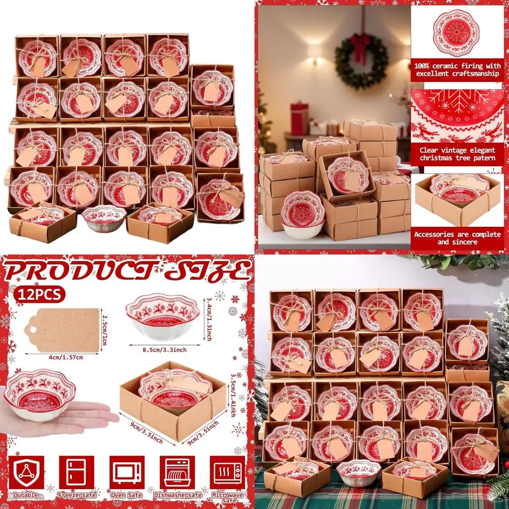 

Set of 24 Mini Ceramic Snowflake & Elk Design Bowls, 3.3 Inch, for Christmas Party Favors & Sauce Dishes