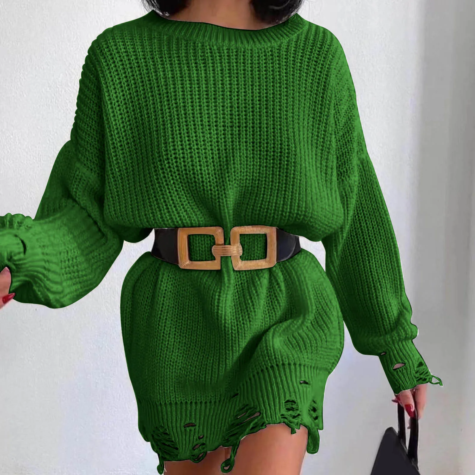 Women\'s Casual Crew Neck Long Sleeve Pullover Top Solid Color Hem Ripped Knit Sweater Fashion Office Lady Elegant Mini Dress