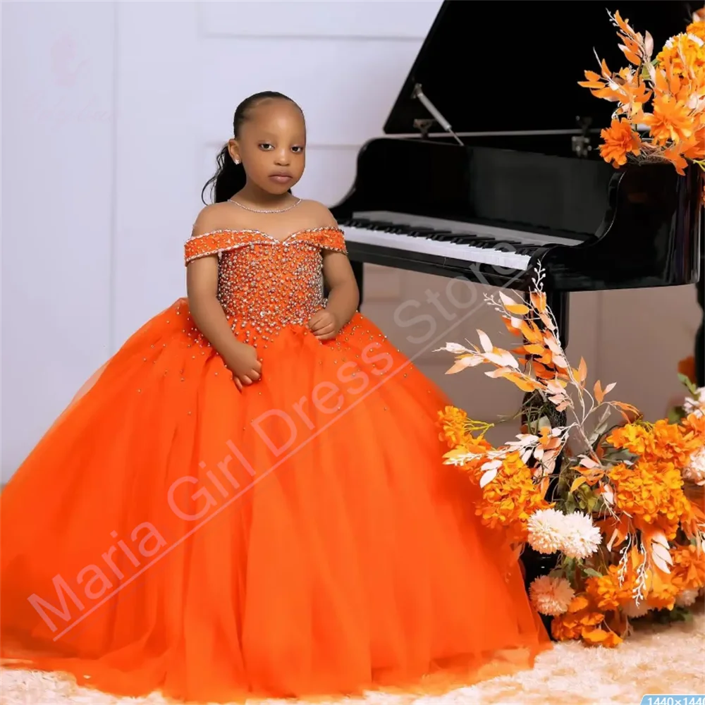 ثوب الكرة البرتقالية للفتيات كريستال مزين زهرة فتاة فستان الزفاف مناسبة رسمية ملابس الحفلات