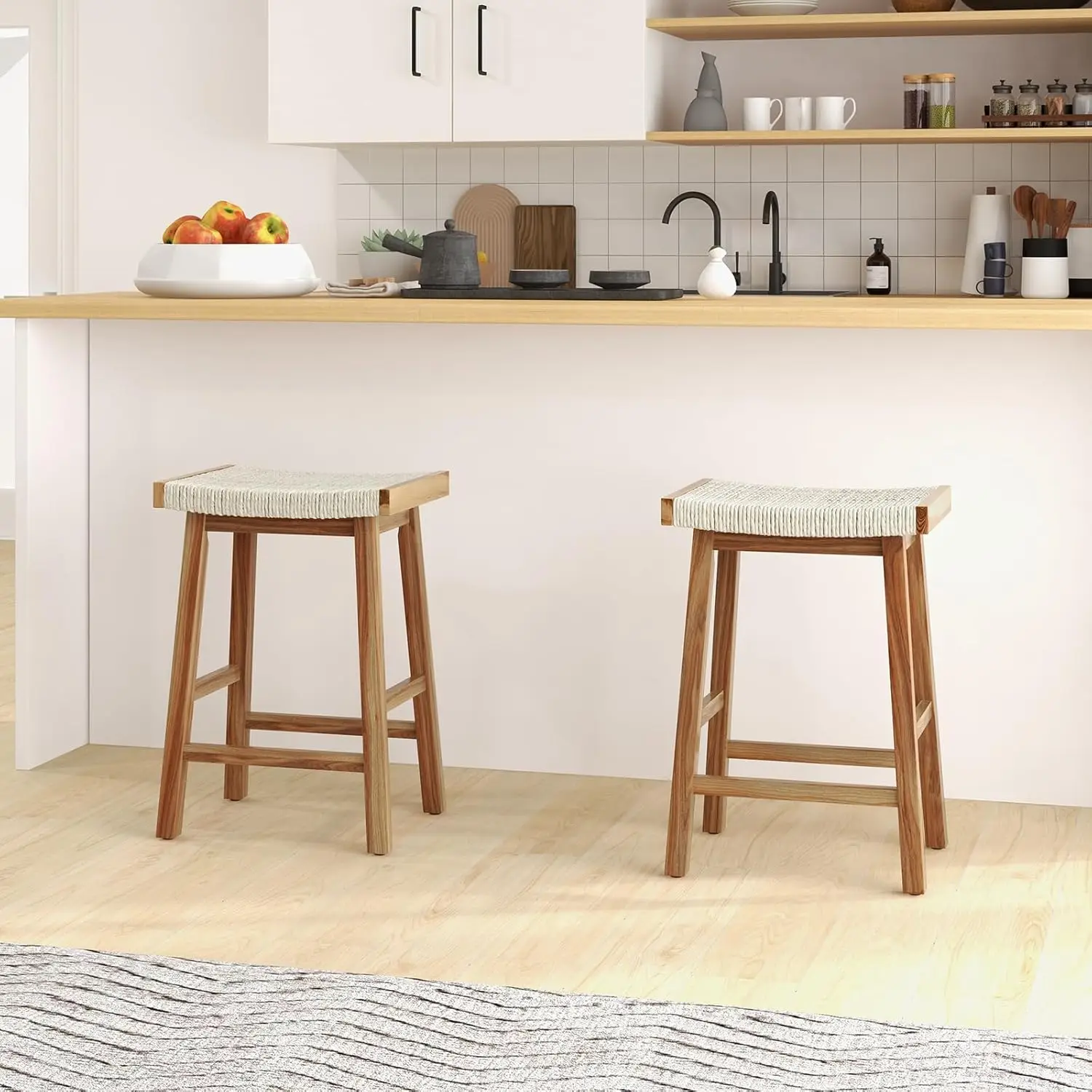 Costway-Jantar Saddle Stools Set, Contra Altura Cadeiras, Algas Seat Tecido, Borracha Madeira, Acácia Quadro de Madeira, 25,5 polegadas, Conjunto de 2