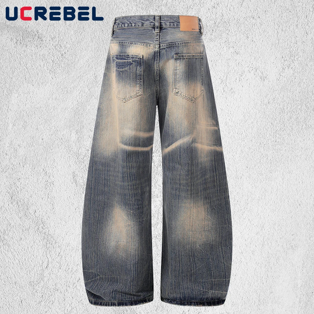 Washed Distressed Jeans Men Casual Baggy Scimitar Wide-Leg Denim Pants Man