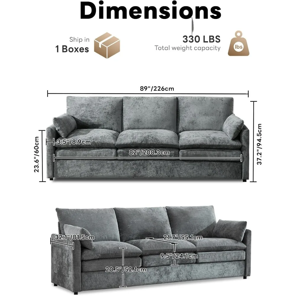 أريكة سحابة حديثة بثلاثة مقاعد مع وسائد مقعد زنبركية، تنجيد مريح وناعم، أغطية قماش شانيل قابلة للإزالة، بيل للذراع #2