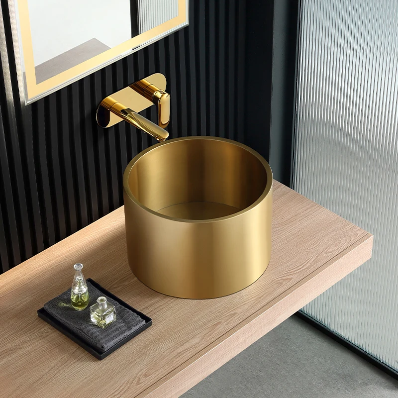 Golden luxury stainless steel basin deepened splash-proof washbasin single basin household washbasin.