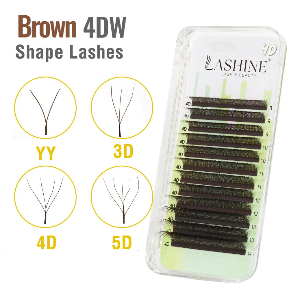 Lashine 4D W على شكل رمش تمديد Cilios Brown 4DW 0.07mm D Curl Mix (8-14mm) حجم الرموش مع ملحقات الرموش