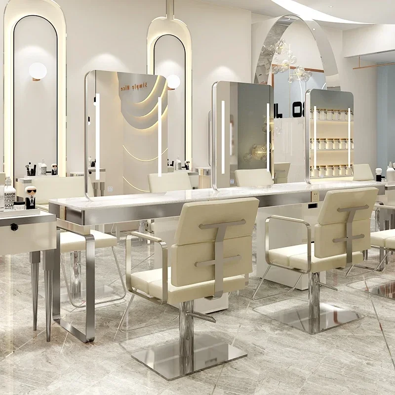 

Integrated LED Salon Office Mirror Table Dedicated Cutting Dyeing Barber Chair Single Sided Silla Giratoria Hair Salon Furniture