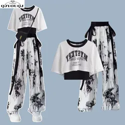 Summer Women's Set Korean Loose Folding True Two Piece T-shirt+Ink Painting Thin Wide Leg Pants Two Piece Set Trendy