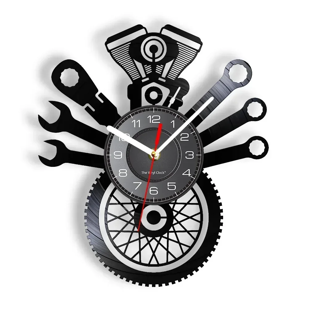 Motorcycle Service Retro Wall Clock Garage Bar Advertising Sign Man Cave Room Decor Mechanic Logo Custom Engine Tire Wall Clock