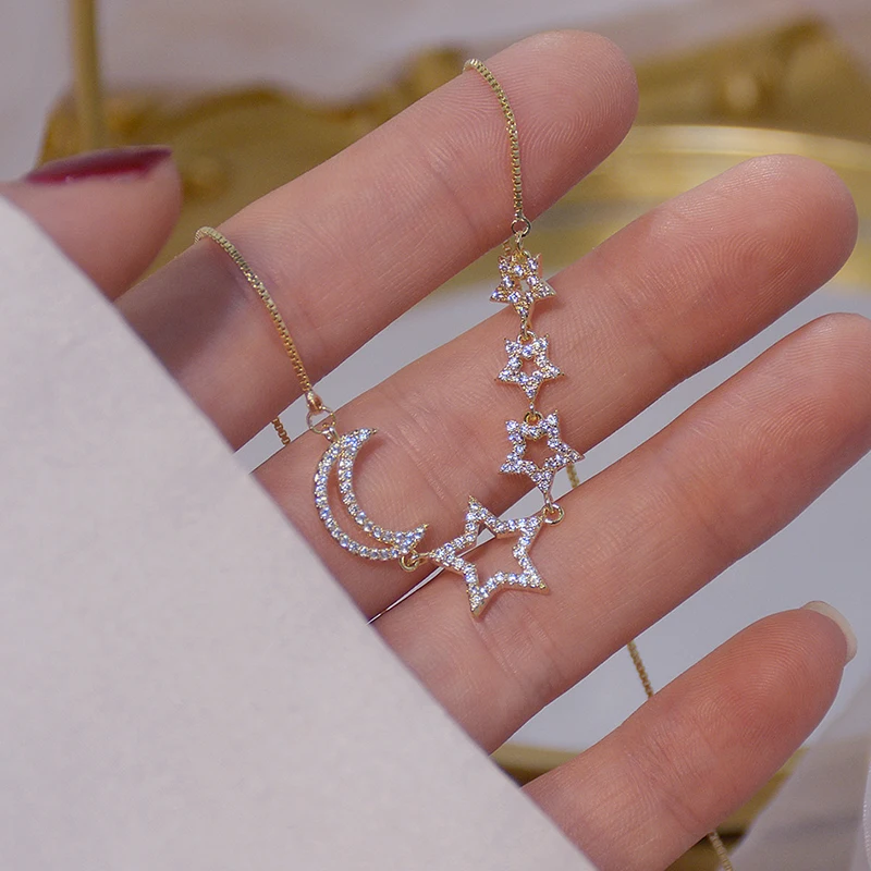 Plated Pierced Star Necklace For Women Shining Bling Zircon Moon Clavicle Chain Charm Wedding Pendant Jewelry