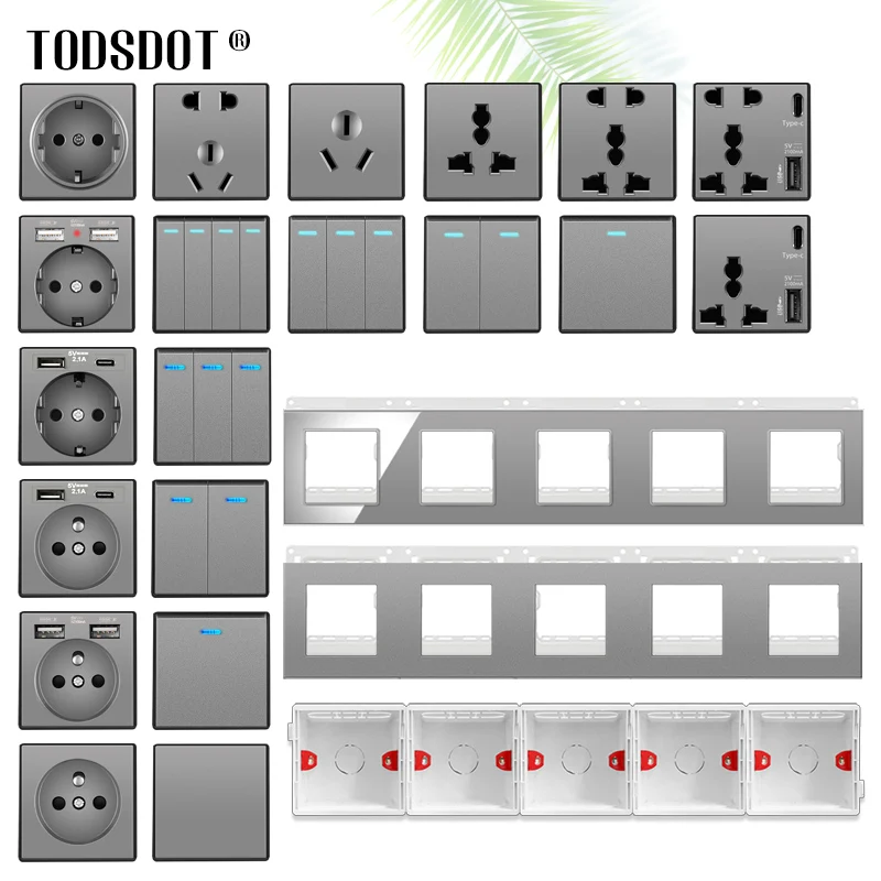 5 Frame Free Installation Wall Mount Socket Switch Universal EU | UK | US Grey Panel USB C 5V 2.1A Quick Charge Outlet 430*86mm