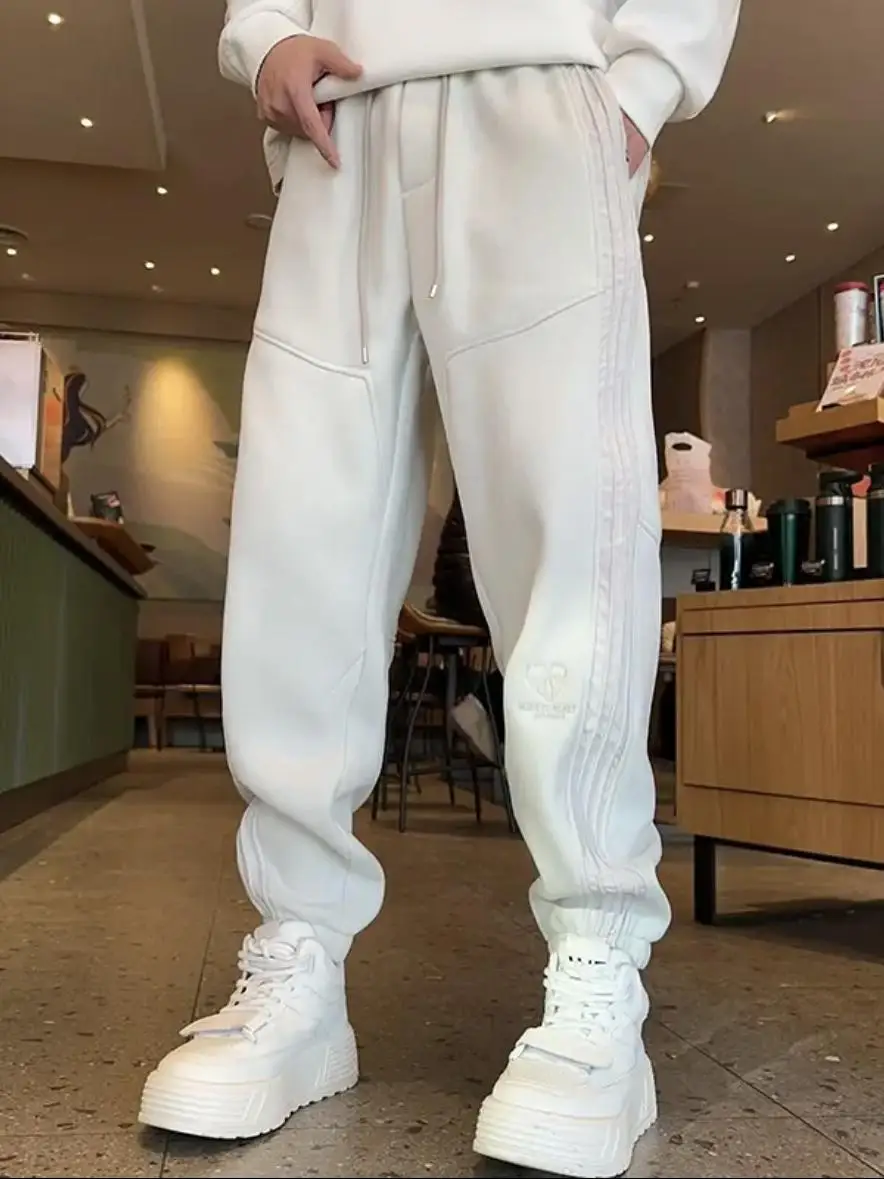 

Зимние повседневные брюки с вышивкой и манжетами на подкладке, мужские модные брендовые свободные универсальные спортивные штаны большого размера