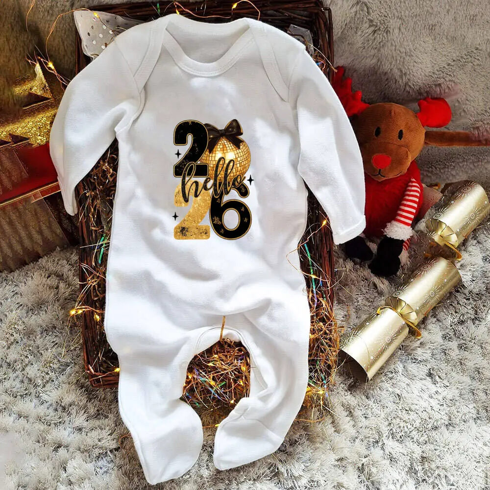 مرحبا 2026 سنة جديدة سعيدة Babygrow بلدي أول السنة الجديدة رومبير الشتاء الرضع ملابس النوم السنة الجديدة القادمة المنزل الزي