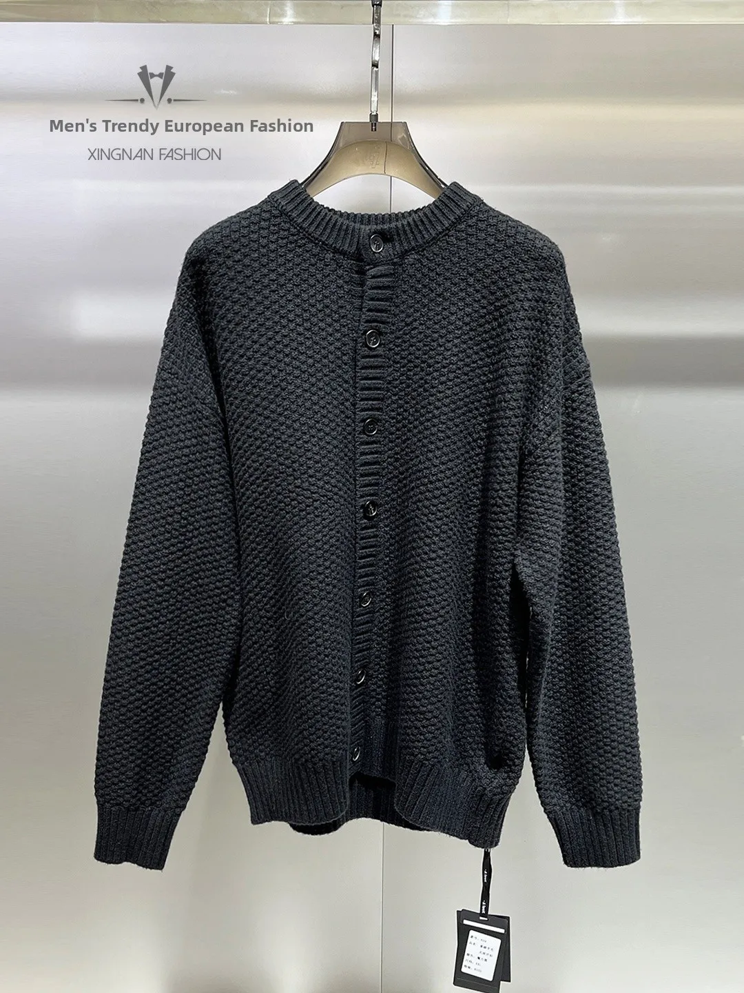 

Мужской утепленный свободный повседневный вязаный кардиган на пуговицах, зима 2025, из смесовой шерсти, с длинными рукавами, круглый вырез
