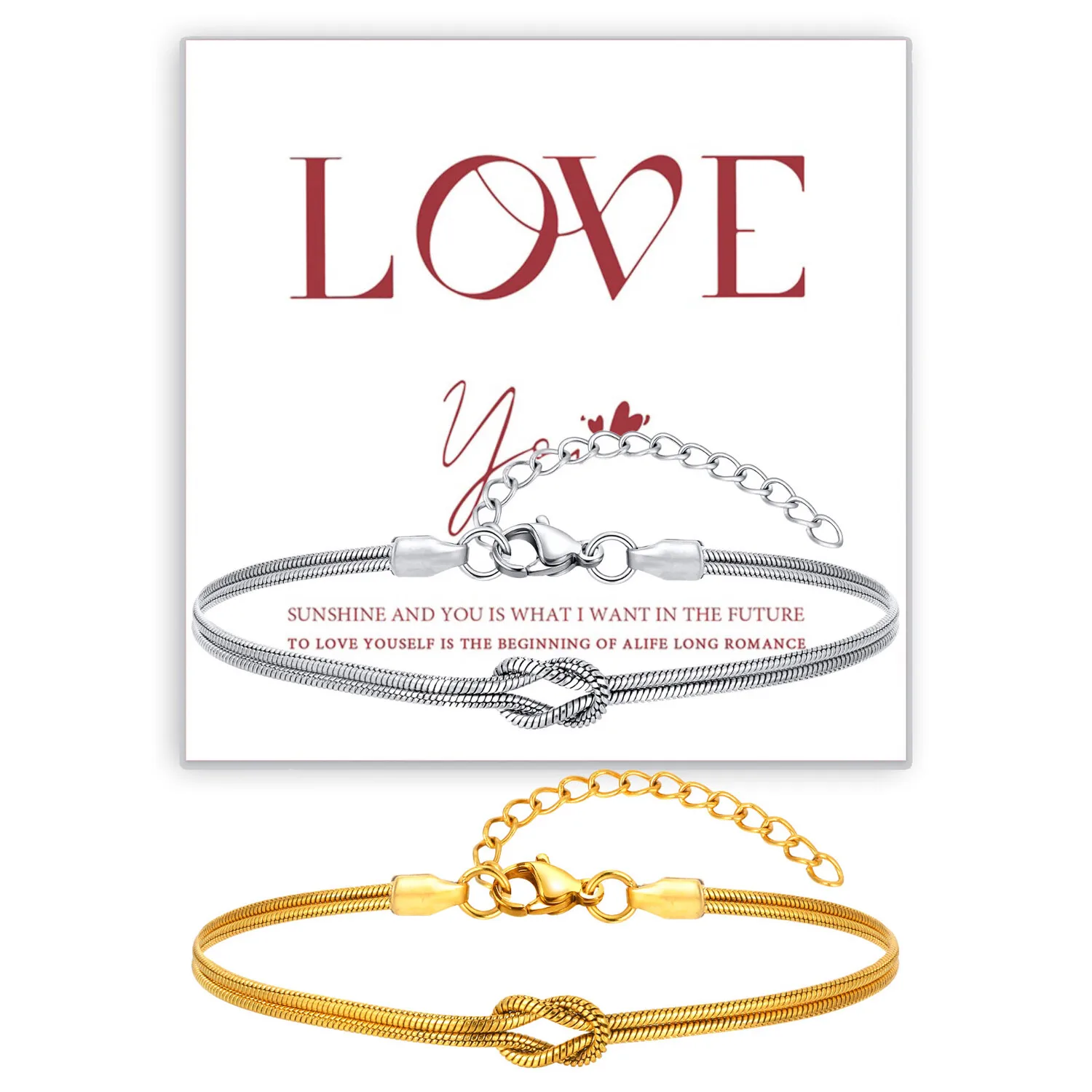 Matching Couple Bracelets, Dainty Gold Plated Love Knot Herringbone Chain, Relationship Jewelry Anniversary Valentine's Gift