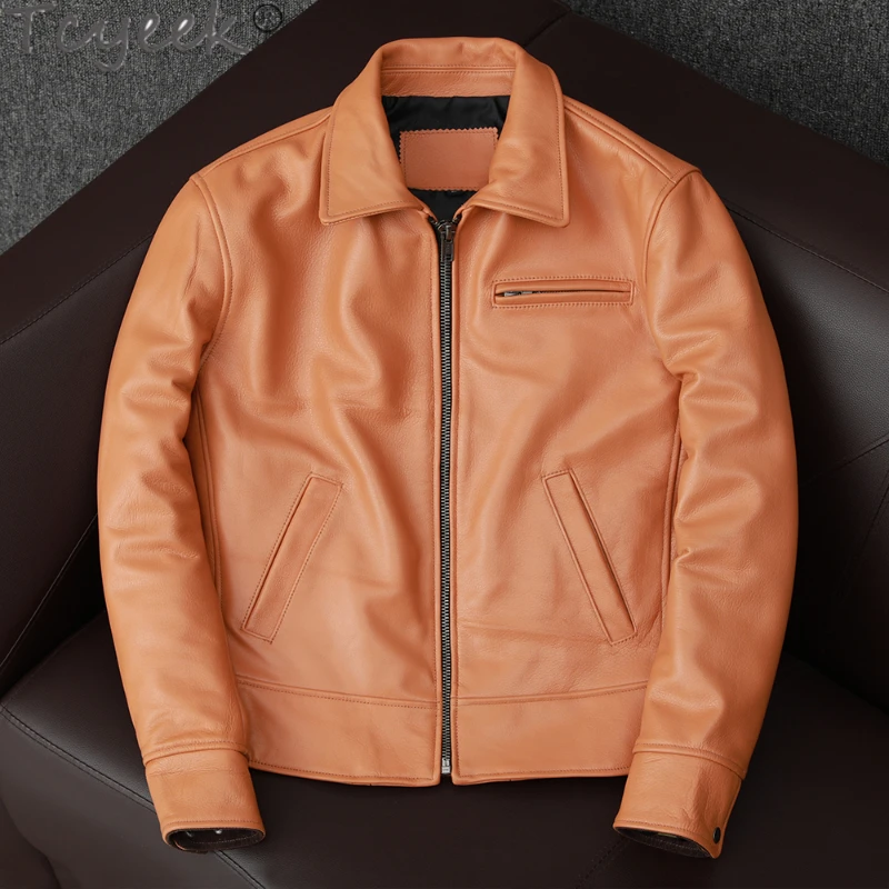 

Genuine Leather Jacket Men's Oil Wax Cowhide Leather Jacket Male's Casual Slim Short Leather Coat Lapel Fashion Orange Jacket FC