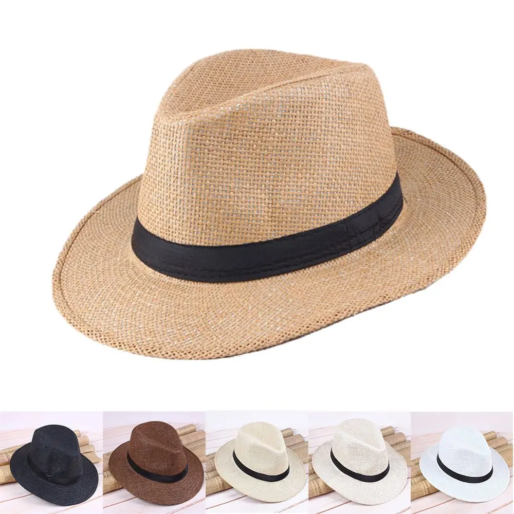 Men Handmade Straw Panama Hat Cowboy Cap Summer Beach Travel Wide Brim Sunhat