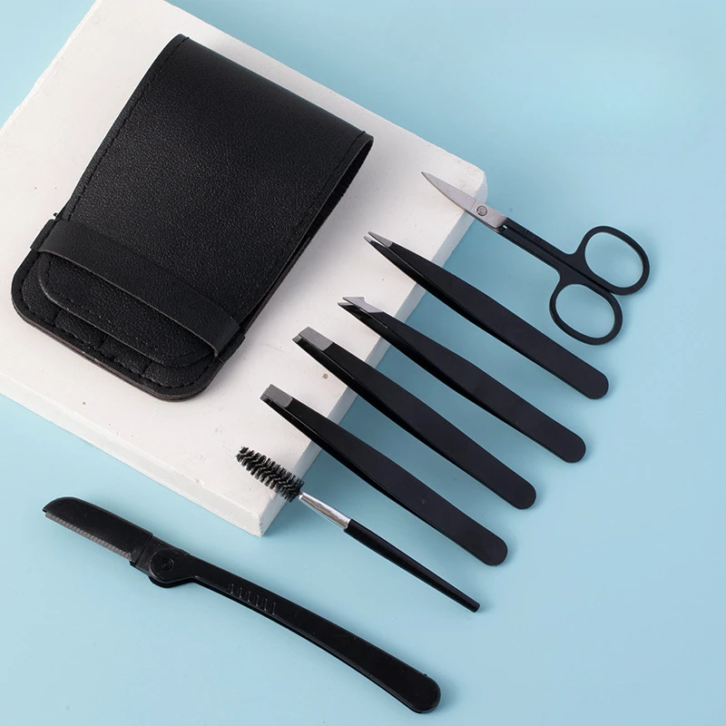 Pinças sobrancelha Set com Case, Sobrancelha Tesoura, Escova de cílios, Pinças de depilação, Ponto Slant Flat Tip Lash Clip Set