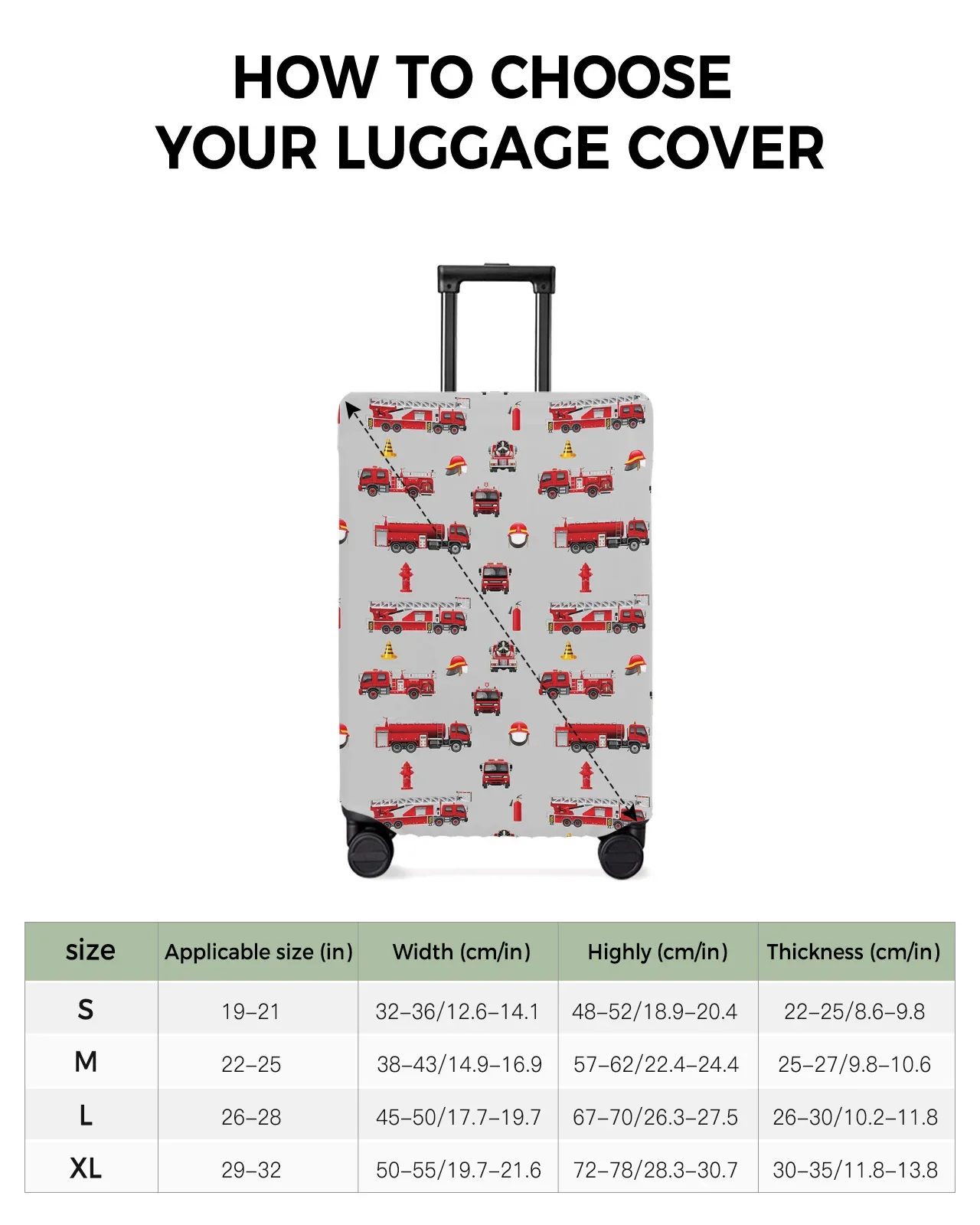 Cartoon Fire Truck Gray Luggage Cover Stretch Suitcase Protector Baggage Dust Case Cover for 18-32 Inch Travel Suitcase Case