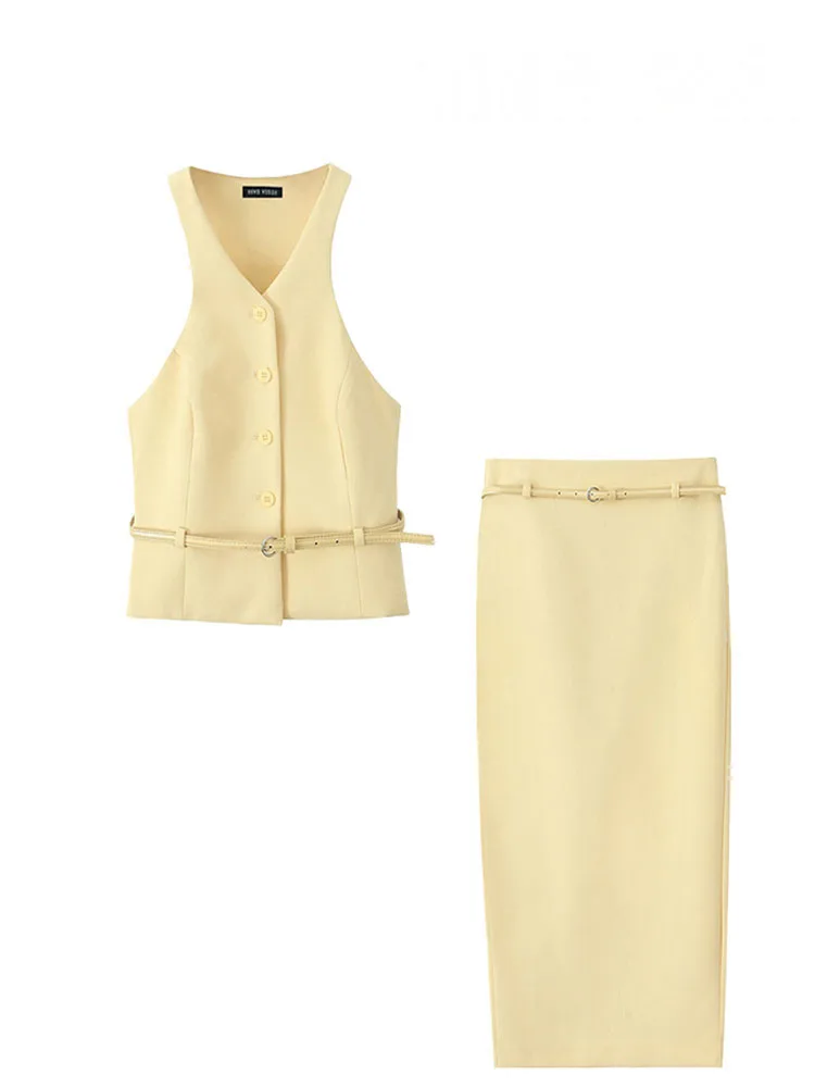 HH-traje de moda para mujer, Tops sin mangas con cinturón y cinturón en V amarillo + cinturón de bolsillo de cintura alta, faldas largas, conjunto de verano para mujer