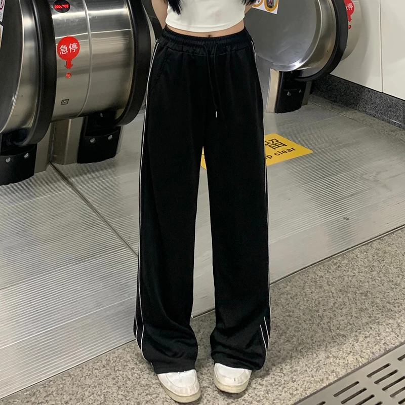 2024 Women Fashion Designer Pants Lady Baggy Wide Leg Straight Leg Trousers Female Korean Style High Waisted Black Stripe Slacks