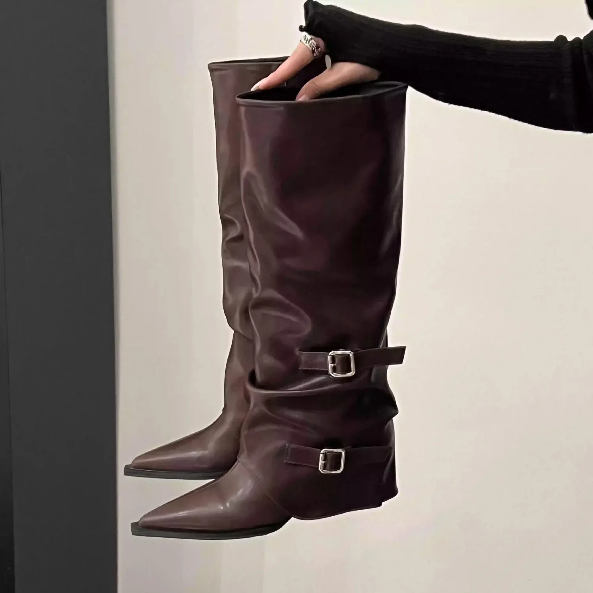 Vintage Damenstiefel mit Dickem Absatz, Frühling/Herbst, Elegante Ritterstiefel mit Gürtelschnalle – Detail 12