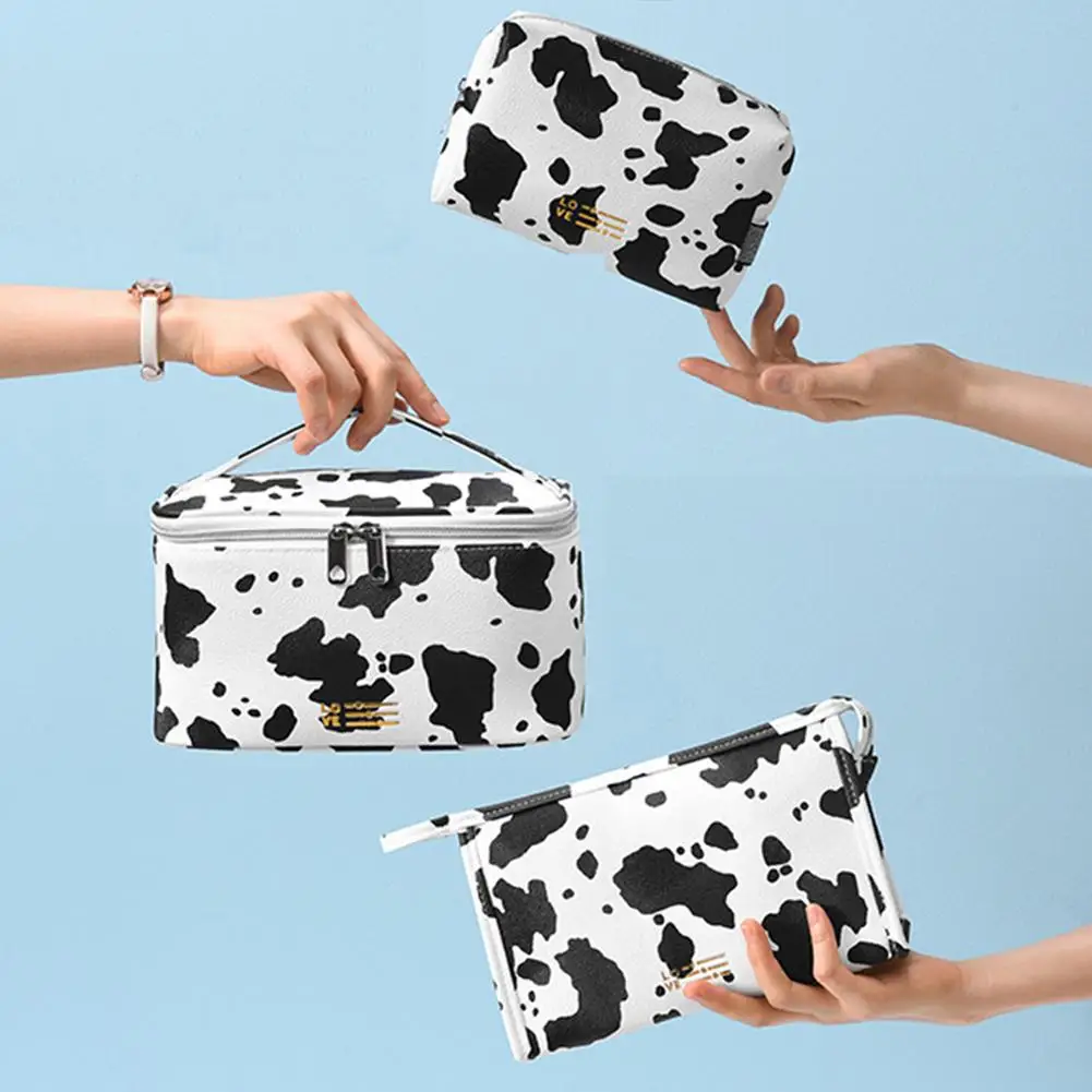 Fashion Cute Makeup Pouch Portable Cow Print Make Up Toiletry Bag Multifunctional Zipper Organizer for Vacation Camping Party