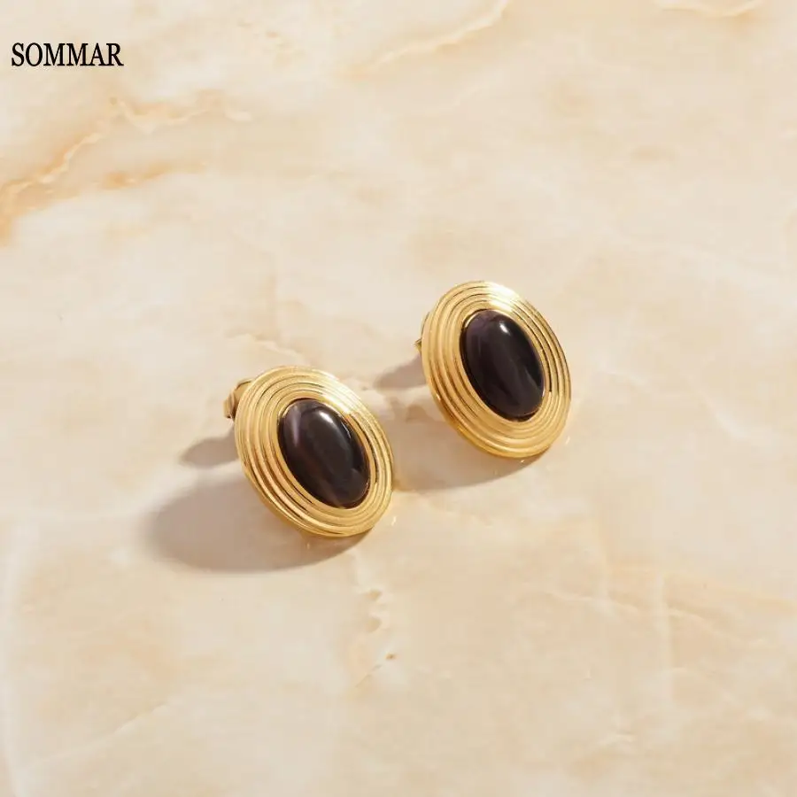 SOMMAR aliexpress PVD plated women hoop earrings white Black natural stone earring for women Fine Jewelry Gifts