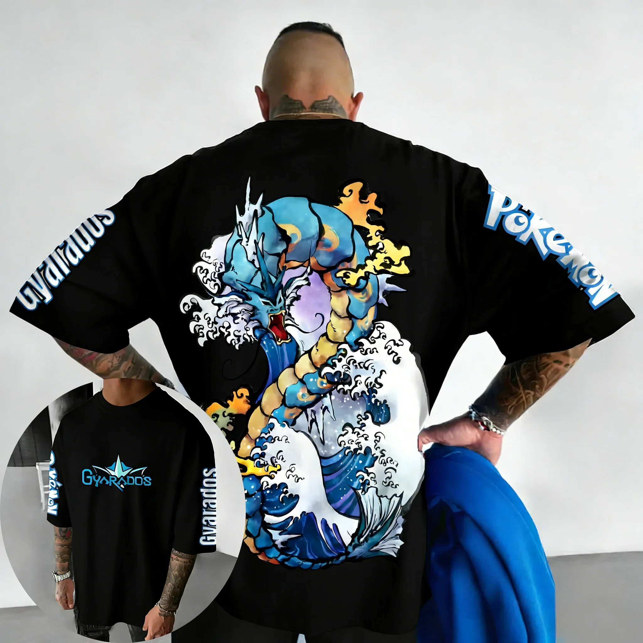 

Pokemon Anime Gyarados Co Branded Cotton T-shirt Summer New Men's Loose Casual Street Hip-hop Versatile Short Sleeved Top