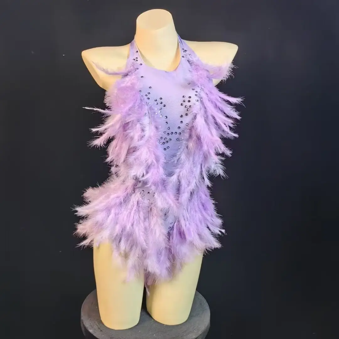 Robe en Plumes Blanches avec Strass Colorés, Combinaison Dos aux, Costume de Spectacle sur Scène DJ, ixen Boîte de Nuit