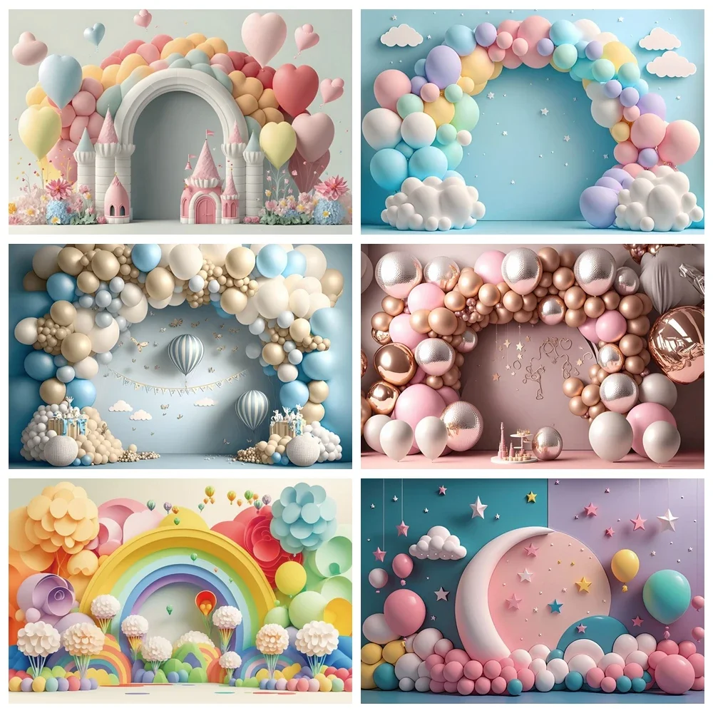 

Newborn 3D Balloon Backdrop for Photography Baby Shower Birthday Cake Smash Colorful Balloon Arch Clouds Castle Photo Background