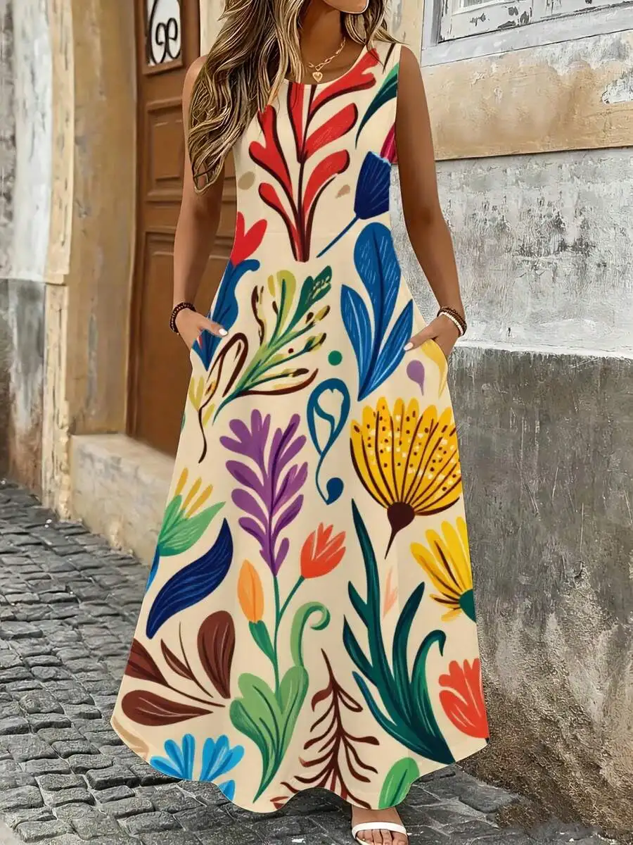 

Floral Maxi Dress Cream With Vibrant Botanical Print Summer Beach Vacation Wear