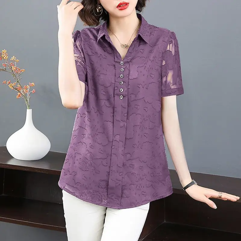 

Женская летняя новая свободная блузка с воротником-поло большого размера средней длины, шифоновая жаккардовая блузка с короткими рукавами