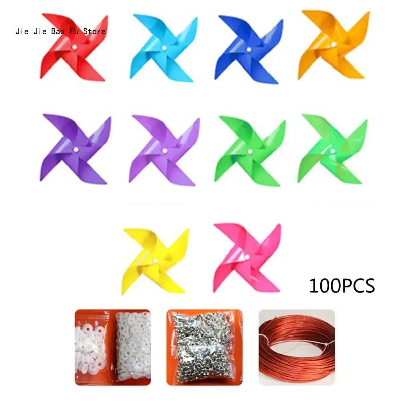 

E8BD 100pcs Plastic Windmill with 30m Wire Rope Fitting Waterproof Pinwheels for Garden Yard Party Decorations Wind Spinners