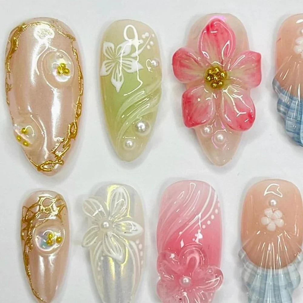 2024 Hot Sale 3D Shell Gel Handwork Fake Nails Lily Flowers Aurora Pink Almond Press On Nails Art Party Sticker Custom Gift