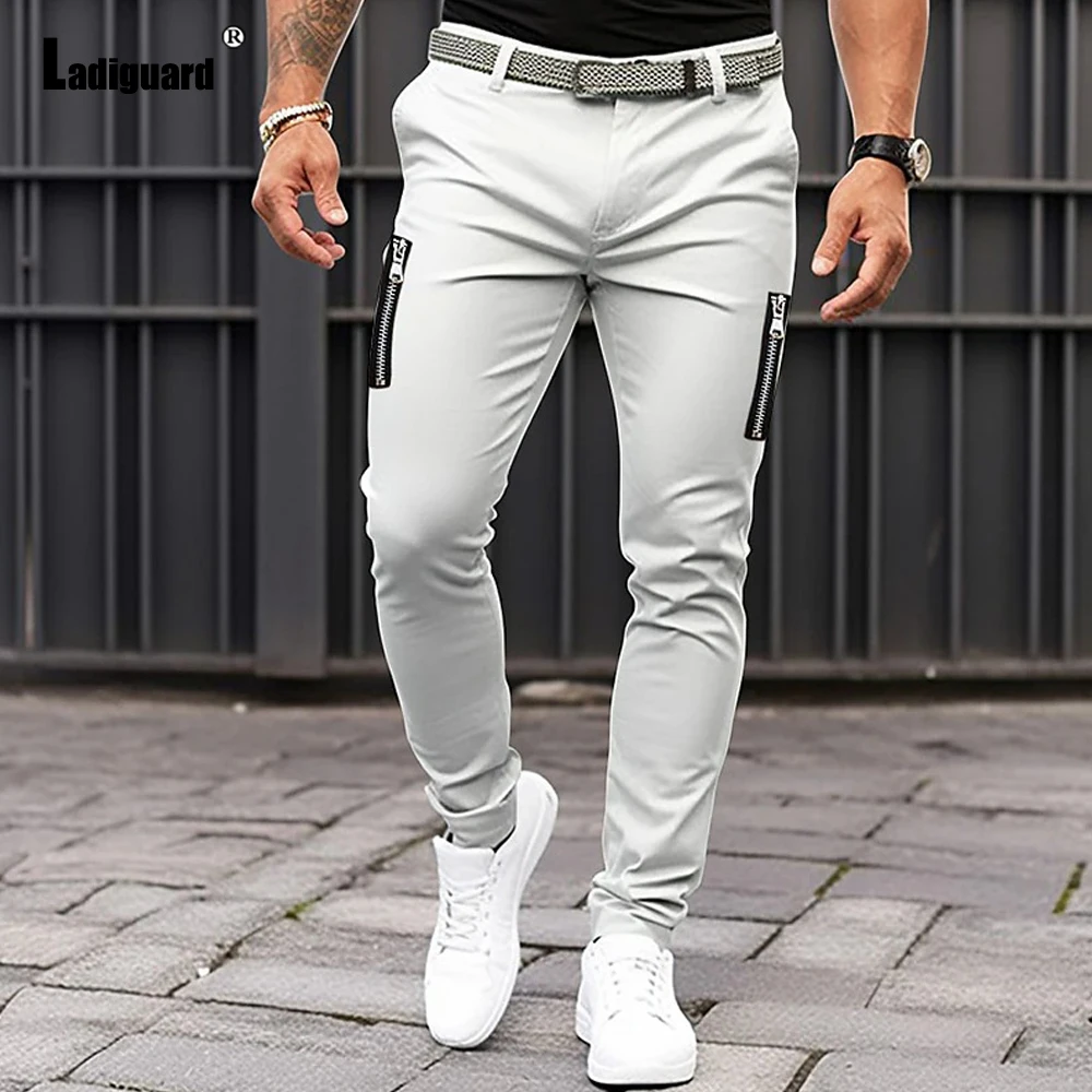 Plus Size 3xl Men\'s Cargo Pants Solid Grey White Pencil Pants Mens Elegant Fashion Zipper Pockets Trouser Men Streetwear 2023