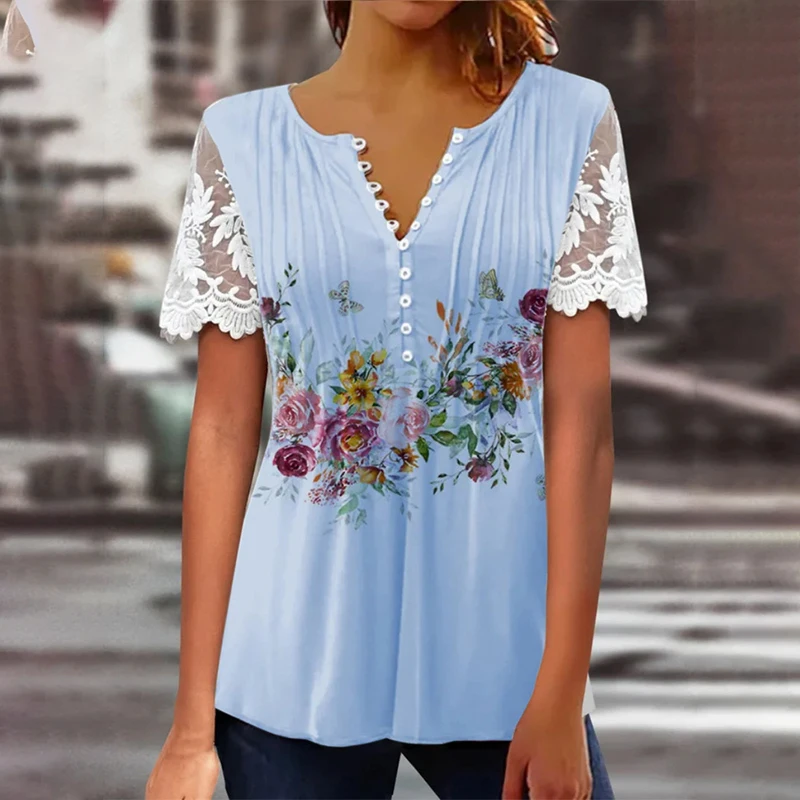 Fashion Women White Top Lace Printing T-shirt Summer New Shirring Buttoned Solid Color Y2k Casual V-neck Patchwork Short Sleeves