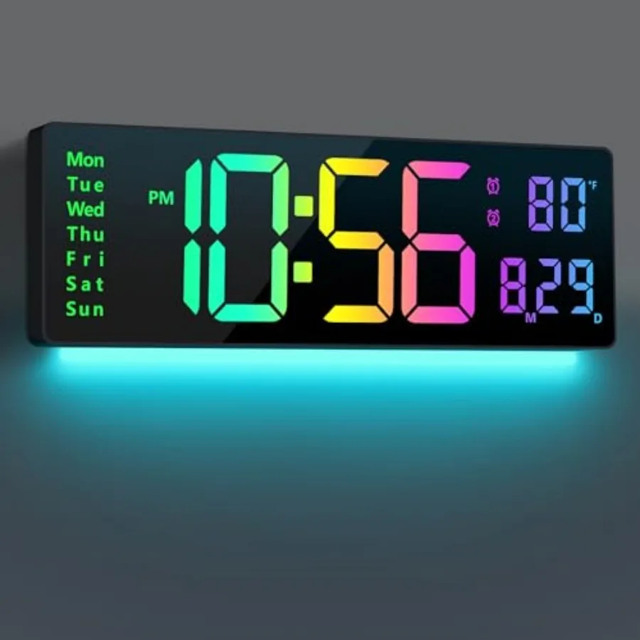 

Digital Wall Clock Large Display 16" Digital Clock with 11 RGB Colors Changing Remote Control LED Clocks with Night Lights for