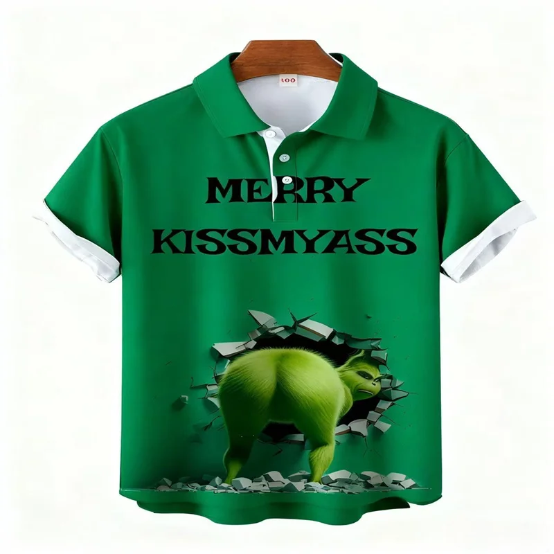 2025Merry Kissmyass Fun Christmas Green قميص قصير الأكمام مطبوع قميص بولو عصري ومريح