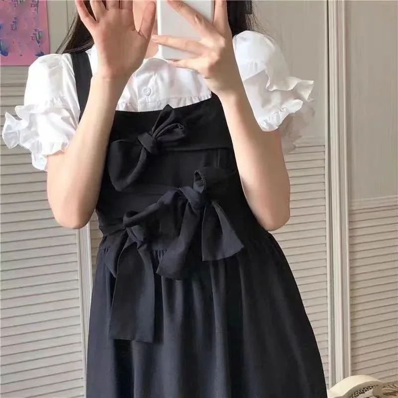 فستان البدلة ملابس النساء 2 قطعة مجموعات قصيرة الأكمام بلوزة بيضاء ضمادة القوس الحمالة فستان وتتسابق مجموعة الصيف الحلو