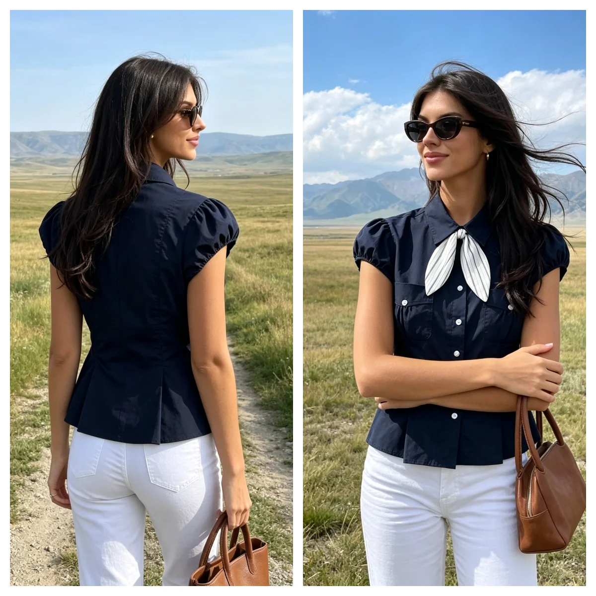Guobioziy 2026 Summer New Women's Shirt Navy Blue Short-Sleeve Bow Decorative Slim-Fit Top Shirt Casual Fashion Versatile