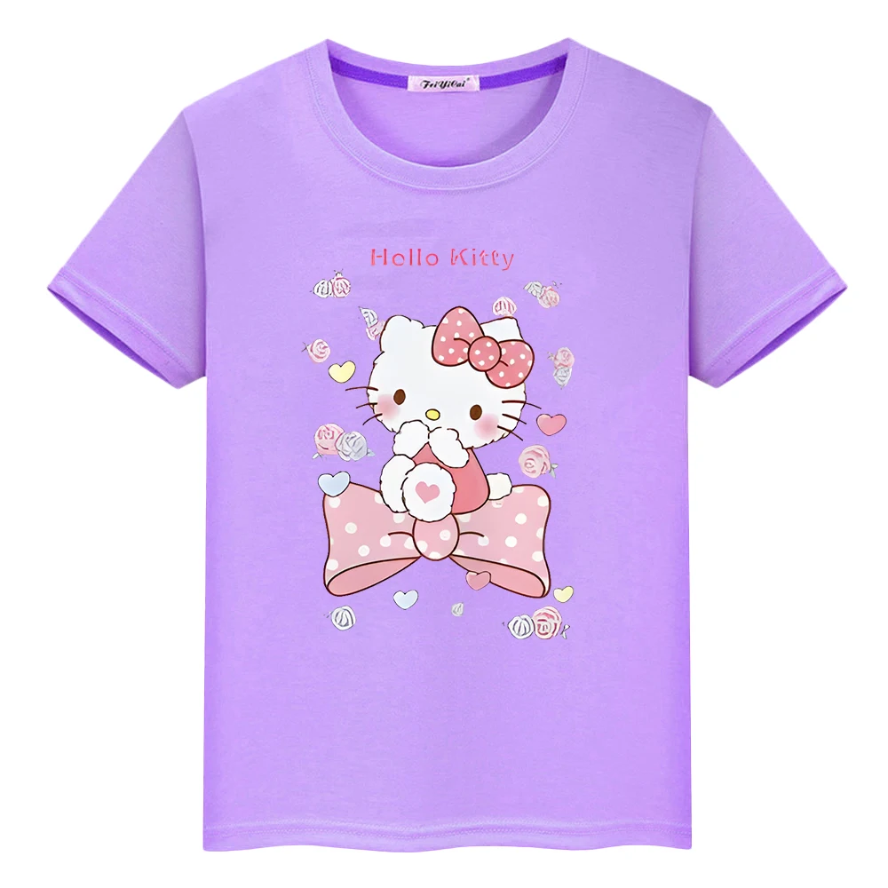 Hello Kitty Zomerprint 100% Katoenen T-Shirt Anime Tees Trots Tshirt Schattige Korte Tops Y 2K Een Stuk Kids Cadeau Jongens Meisjes Kleding