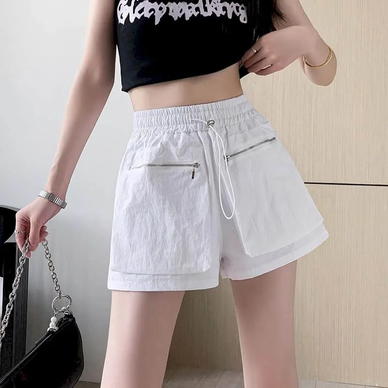 Solid Shorts Women Casual Loose Parachute Wide Leg Shorts Safari Style Drawstring Elastic Waist Pants Streetwear Women Clothing