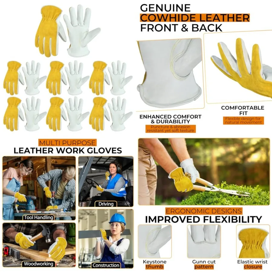 

Men Leather Gardening Gloves, Utility Work Gloves for Mechanics, Construction, Driver