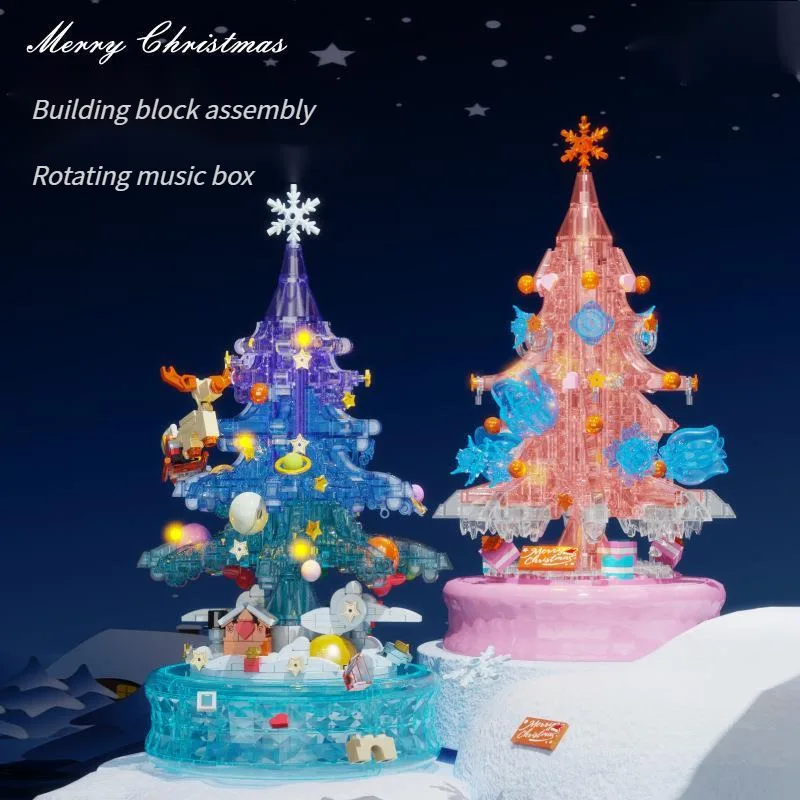 Christmas Tree Flowers Birds Building Blocks Light Music Box ABS Ice Snow Assembly Model House Child Assembly Christmas Gifts