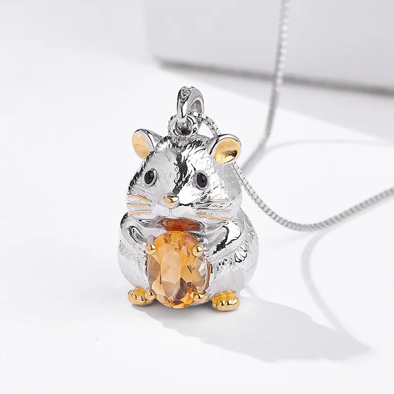 BOCAI New S925 Pure Silver Jewelry Light Luxury Niche Yellow Crystal Cute Hamster Pendant Women's Selected Gift