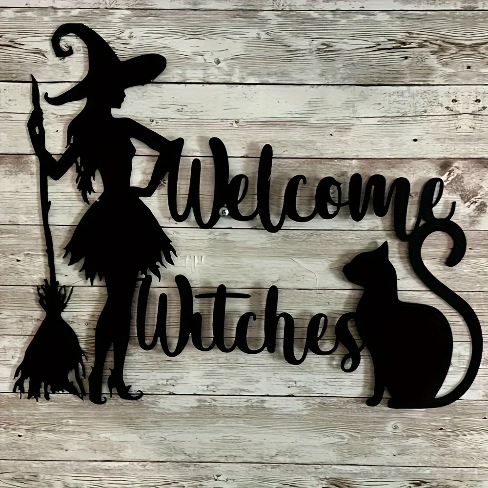 Metal Witch and Cat Broom Welcome Sign- Halloween Metal Wall Art, Outdoor Holiday Decoration, Suitable for Home and Doorway
