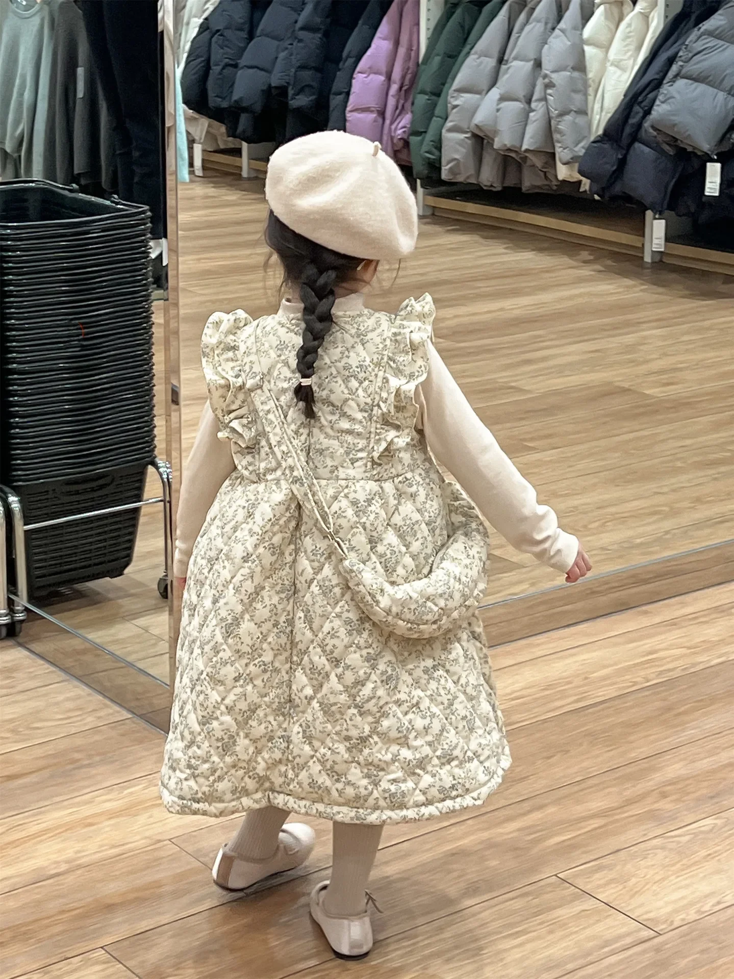 2024 Winter Clothing Korean  Girls\' Soft Sticky Fleece Retro Floral Clip Cotton Flying Sleeve Tank Top Skirt with Doll Dress