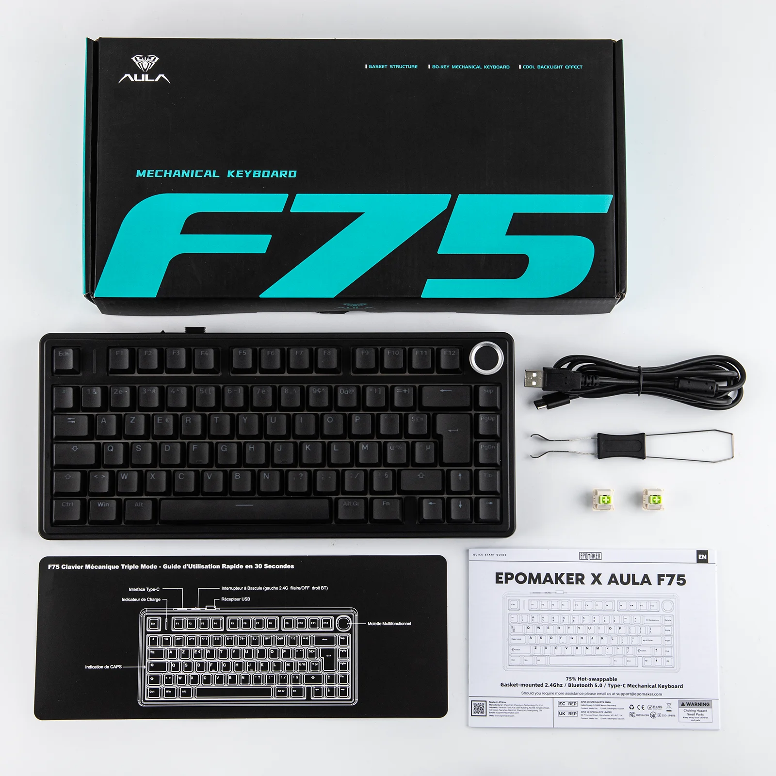 ISO-FR 레이아웃 AULA F75 75% AZERTY 프랑스어 레이아웃 유선/블루투스/2.4G 무선 기계식 게이밍 키보드 RGB 백라이트 4000mAh 배터…