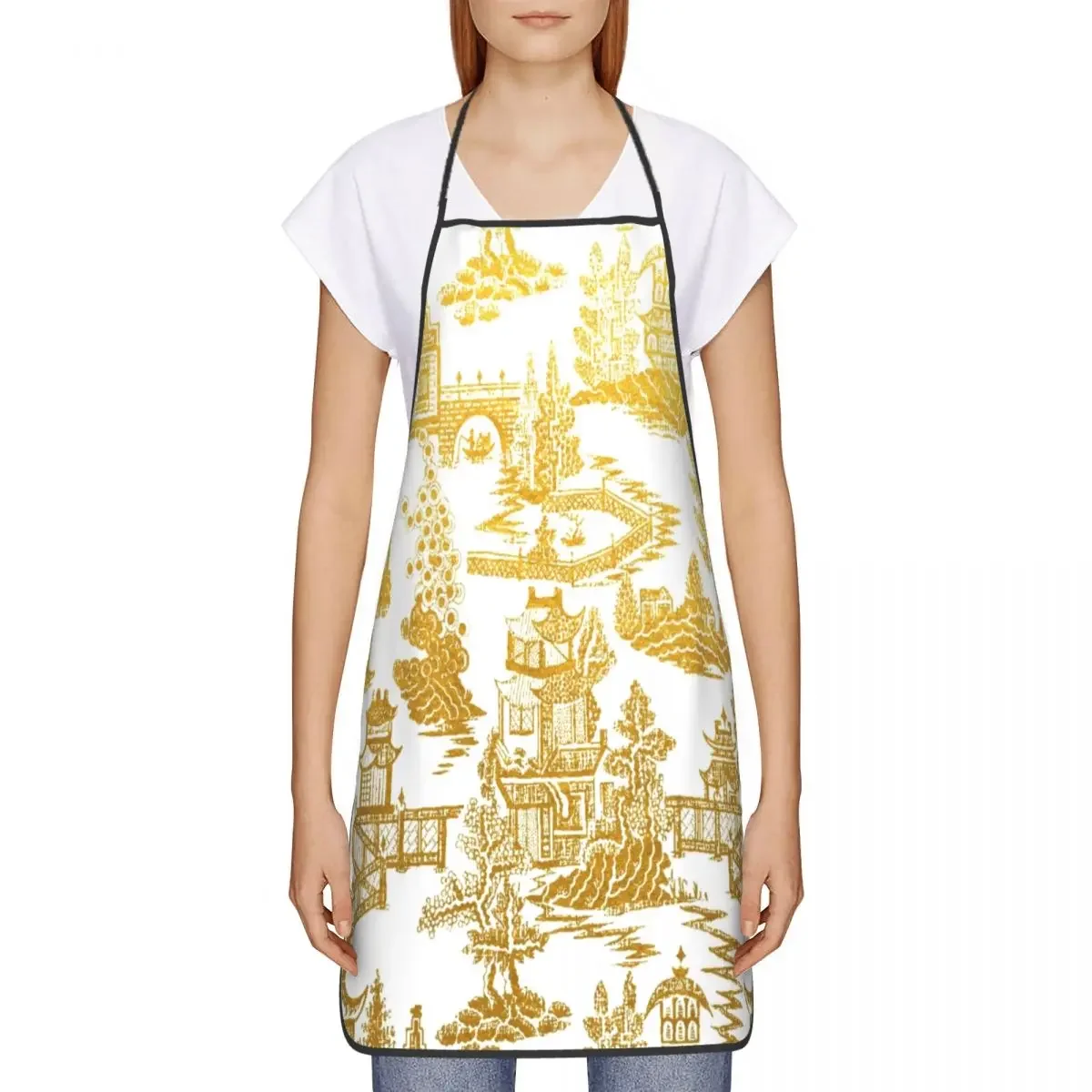 Golden Pagoda Chinoiserie Kitchen Chef Cooking Apron Women Men Vintage Oriental Willow Pattern Tablier Cuisine for Gardening