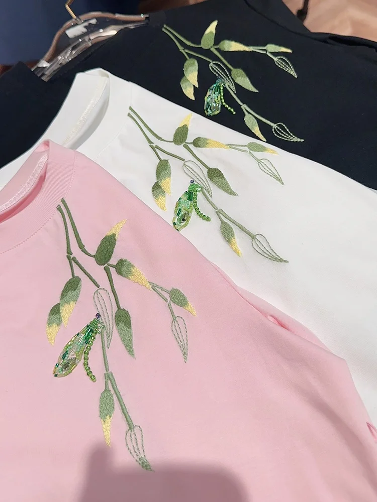 

Spring Summer New Simple Embroidered Cotton ort Sve round Ne T-irt Casual Sle Regular Length Women's Top